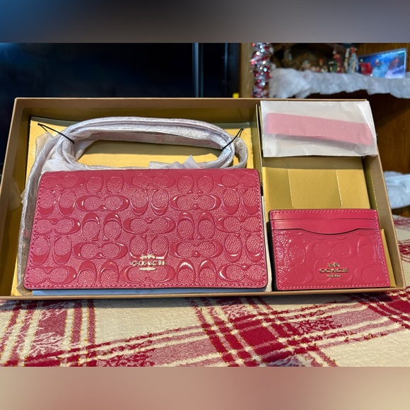 Coach Handbags - Coach Fuchsia Embossed Bag and Cardholder Set